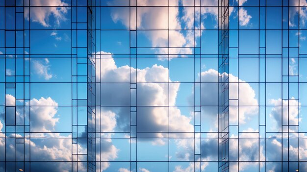 El edificio de oficinas con muchas ventanas refleja la nube y el cielo. Fotografía de arquitectura creativa. Weber de imagen generativa de IA.