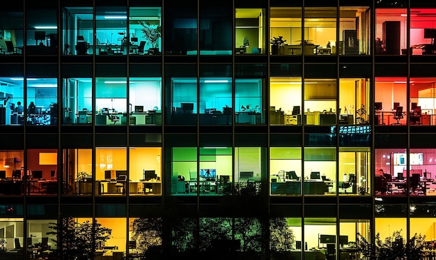 Edificio de oficinas vibrante por la noche