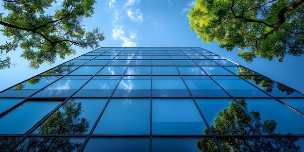 Foto edificio de oficinas de vidrio ecológico en una ciudad moderna con diseño sostenible y árboles que reducen el carbono concepto de arquitectura ecológica diseño sostenible edificio de oficina de vidrio urbano moderno