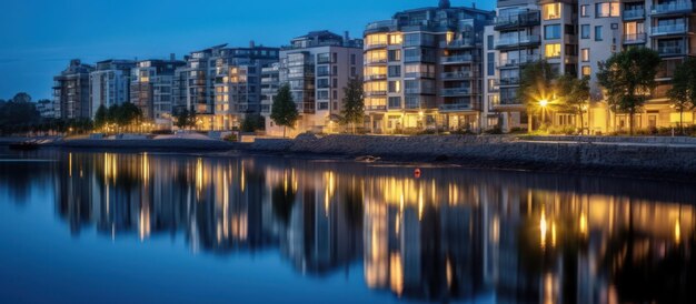 edificio en las orillas del río con vista nocturna con reflejos en el río