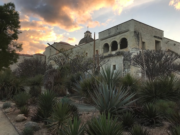 Edificio en paisaje al atardecer