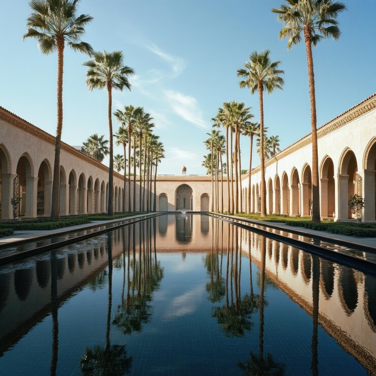 un edificio con palmeras y una piscina de agua