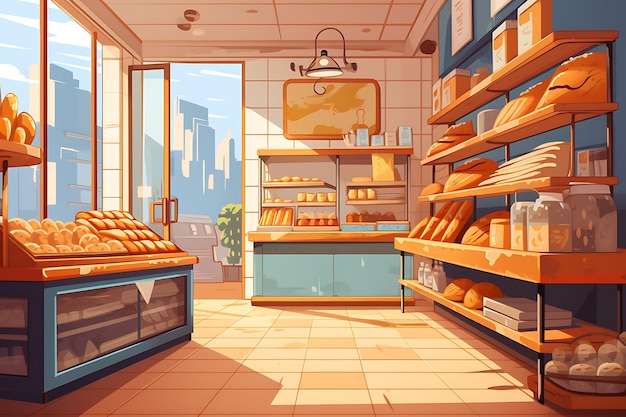 Edificio de una panadería con productos de panadería y panadero