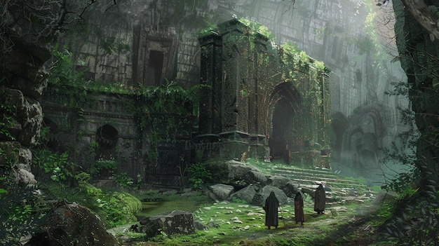 un edificio de piedra con una pared de musgo verde y un arco de piedra en el medio