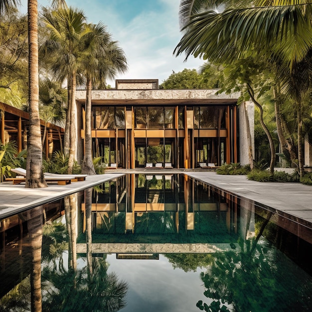 Un edificio con piscina y árboles al fondo.