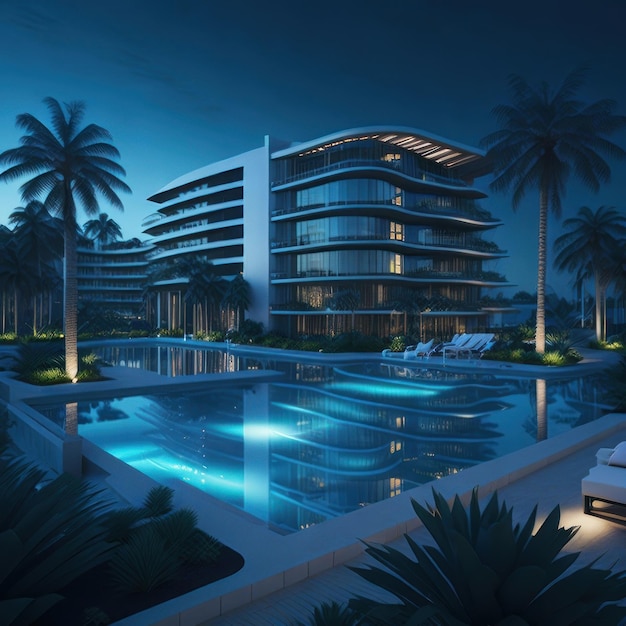 Un edificio con piscina y palmeras de noche.
