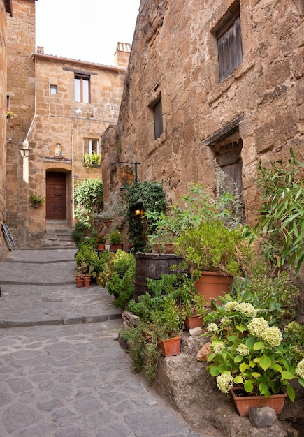 Edifício pitoresco na cidade medieval na Toscana Itália Velhas paredes de pedra e plantas