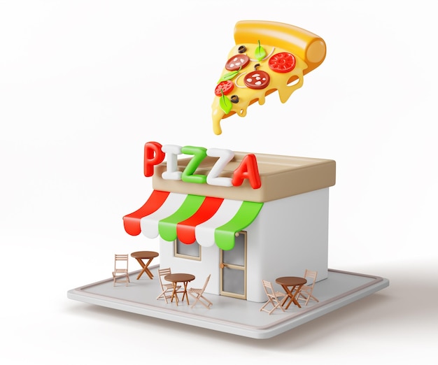 Edificio de pizza exterior cafetería italiana pizzería isométrica renderización 3D pequeño restaurante callejero con mesas y sillas en la terraza bar de bocadillos de comida rápida con entrada de letrero e ilustración 3D de rebanada de pizza