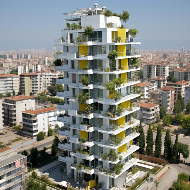 un edificio con una planta creciendo en la parte superior