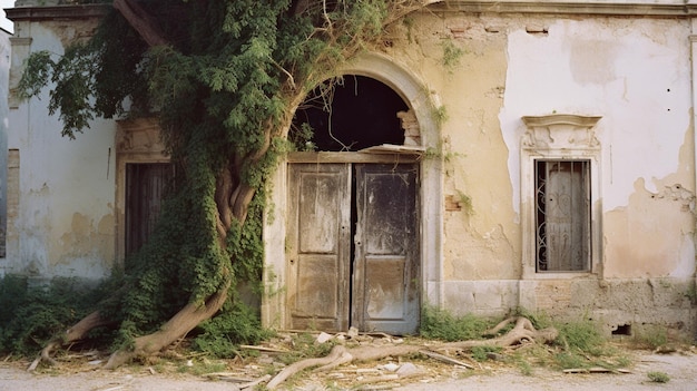 Un edificio del que crece un árbol