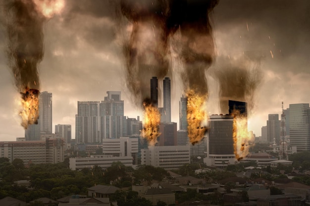 Edificio quemado y destruido en la ciudad del apocalipsis