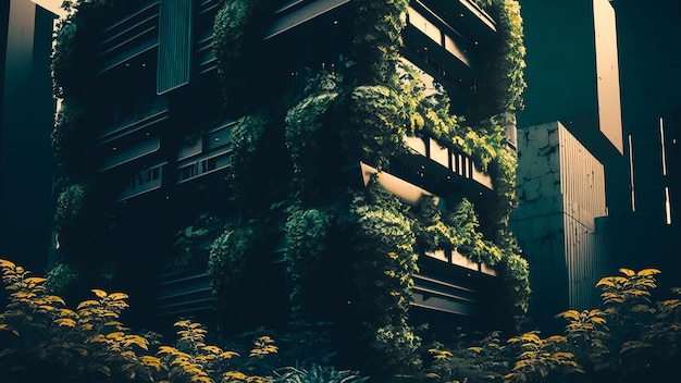 Foto edificio rascacielos verde con plantas que crecen en la fachada