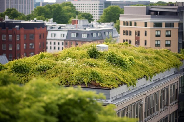 Edifício residencial com um telhado verde visto de cima