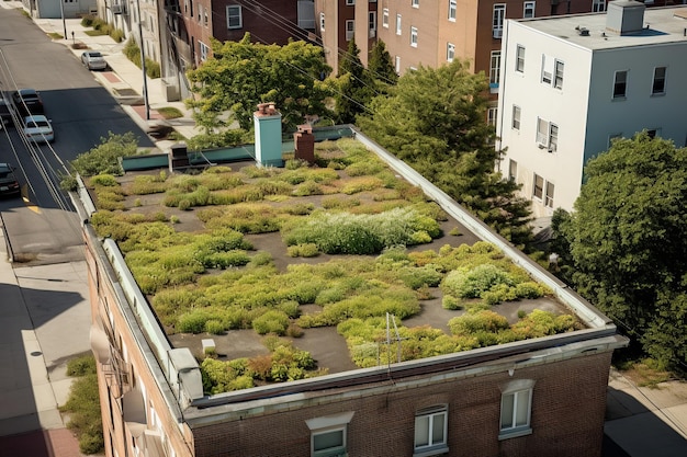 Edifício residencial com um telhado verde visto de cima