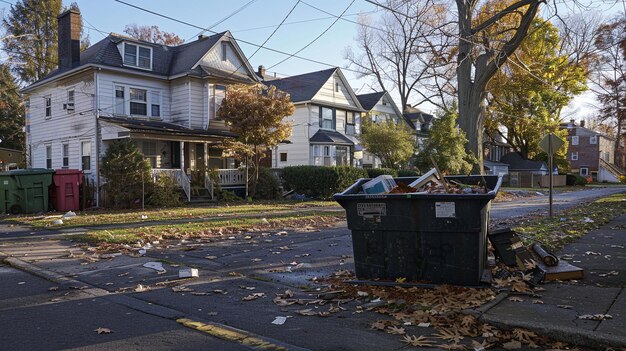 Foto edificio residencial de dos pisos ubicado en la calle hay un contenedor de basura lleno cerca de la casa