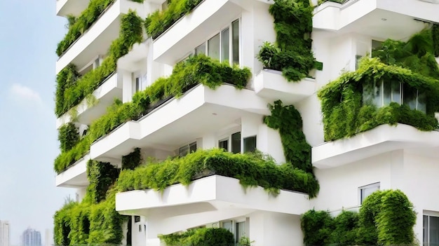 Edificio residencial moderno blanco con paredes vegetales verdes Ecología de la vida sostenible y verde
