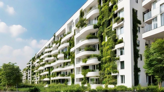 Edifício residencial moderno branco com paredes de plantas verdes Ecologia de vida sustentável e verde