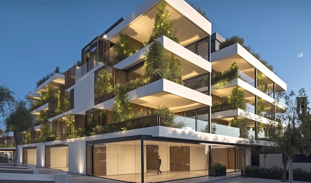 Edificio residencial moderno con piscina generativa ai