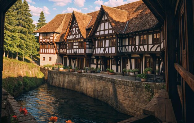 un edificio con un río delante y un río en el fondo