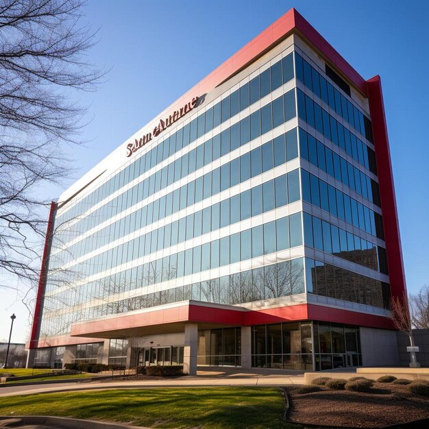 un edificio rojo y blanco con un cartel