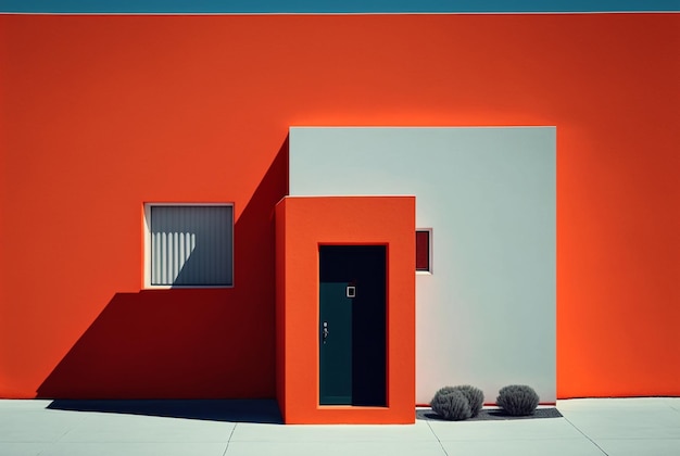 Un edificio rojo y blanco con una puerta negra y una pared blanca.