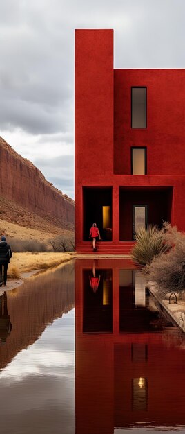 Un edificio rojo con un reflejo de un hombre en una chaqueta roja y un edificio rojo Con un reflejo del hombre en el agua