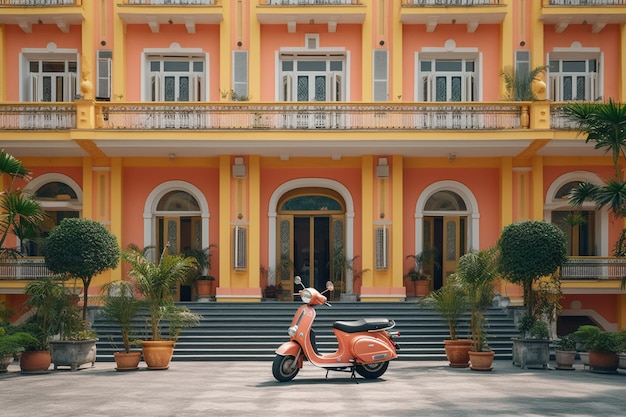 Un edificio rosa y amarillo con un scooter delante.