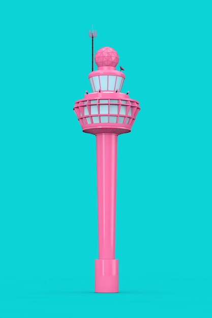 Edifício rosa da torre de controle de tráfego aéreo do aeroporto em estilo duotônico sobre um fundo azul. Renderização 3D