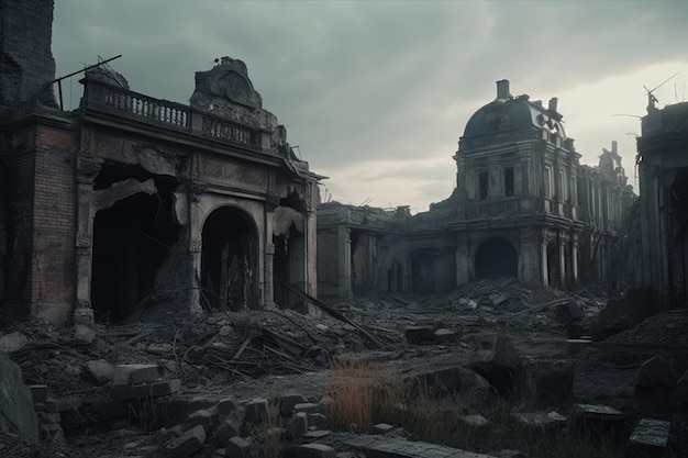 Un edificio en ruinas con un gran edificio al fondo.