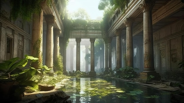 Un edificio en ruinas con un techo verde y una piscina con agua y plantas que crecen en él.