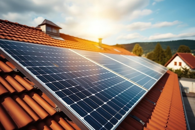 Edificio sostenible con paneles solares en la pancarta del techo.