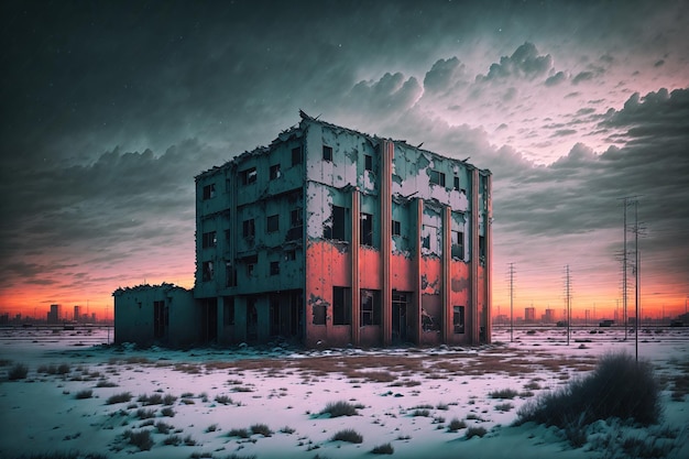 edifício soviético abandonado de fundo distante