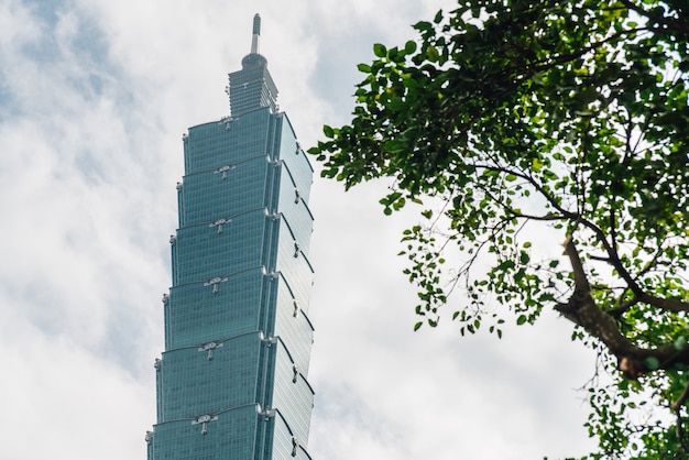 Edificio Taipei 101 con ramas de árboles en el lado derecho con cielo azul brillante y nubes en Taipei, Taiwán.