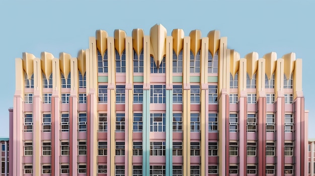 Un edificio con techo rosa y amarillo y la palabra hotel en la parte superior.