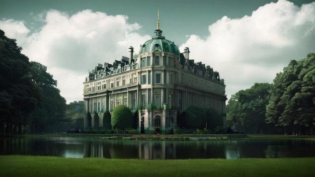 un edificio con un techo verde y un gran edificio en el fondo