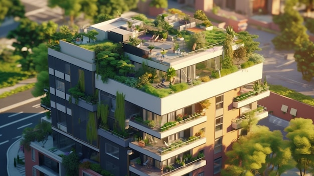 Un edificio con techo verde y plantas en él