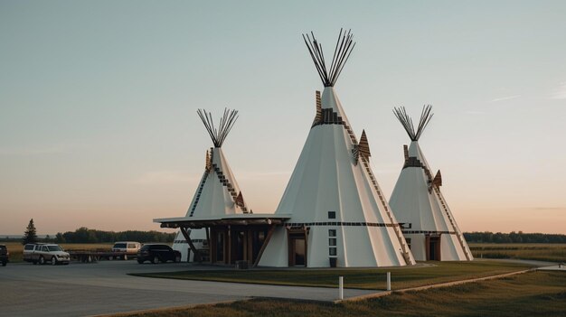 El edificio tipi en la cima de la colina.