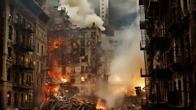 Edificio urbano envuelto en llamas con respuesta de emergencia