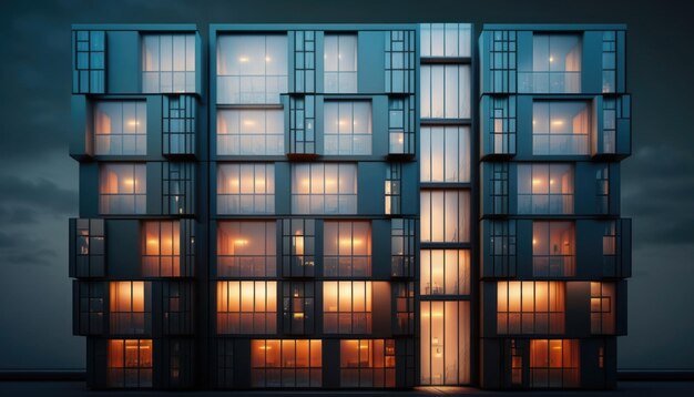 Un edificio con una ventana iluminada por la noche.