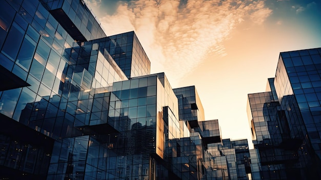 Foto un edificio con ventanas de cristal y un fondo de cielo.