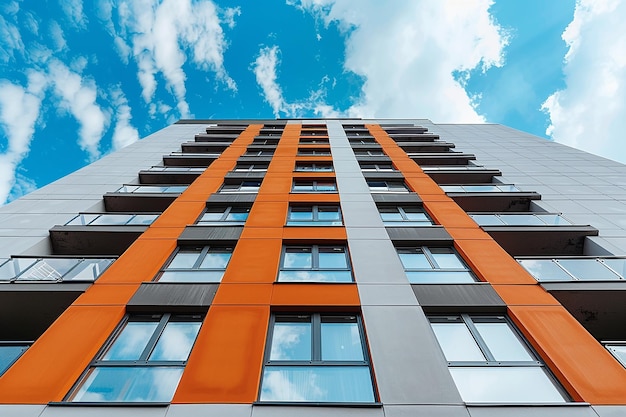 un edificio con ventanas naranjas y grises y un cielo azul y nubes