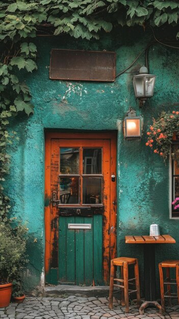 Un edificio verde y azul con una puerta que está abierta