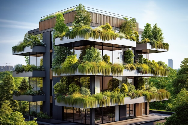 Edifício verde com plantas florestais verticais nas paredes e no telhado da casa