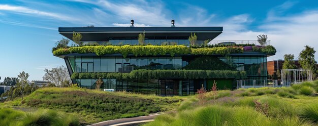 Foto edificio verde moderno con características como techos verdes, sistemas de recolección de agua de lluvia y sistemas de climatización eficientes en energía