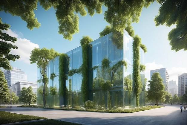 Edificio verde sostenible Edificio ecológico Edificio de vidrio sostenible para oficinas con árbol para reducir el dióxido de carbono Oficina con entorno verde Edificio corporativo para reducir el CO2 Vidrio de seguridad