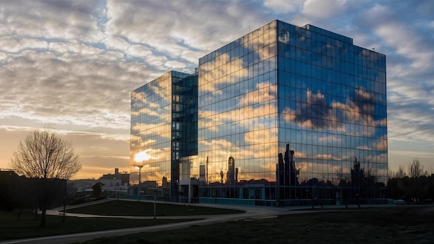 Edificio de vidrio al amanecer