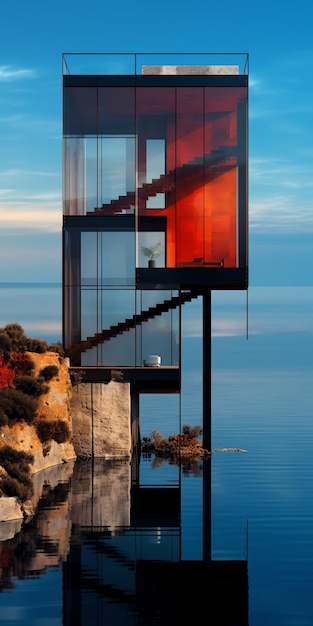 Un edificio de vidrio con escaleras en el agua