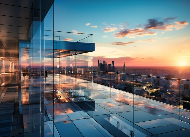 un edificio con vidrio con vistas al horizonte de la ciudad