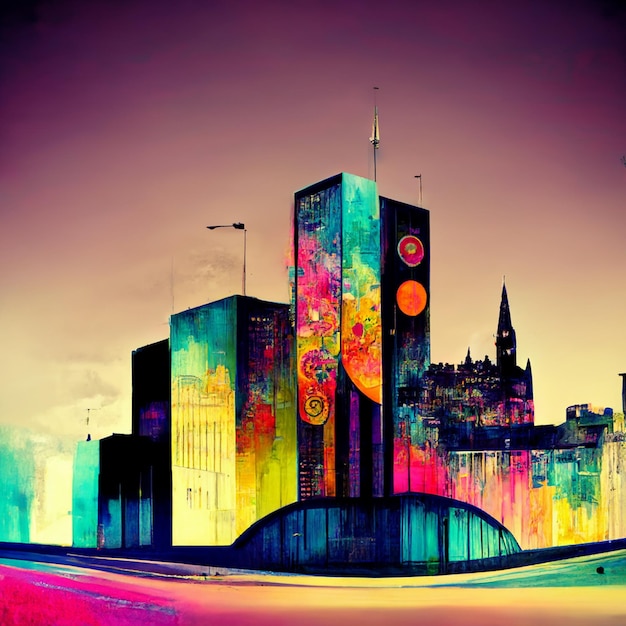 Edifícios abstratos na cidade na pintura em aquarela Cidade na arte contemporânea ilustrada gerada digitalmente