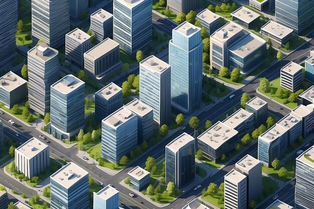 Los edificios se alinean Paisaje urbano Edificios del distrito de negocios Renderización 3D isométrica